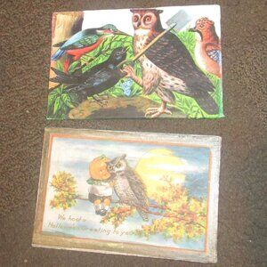 Set of 2 Vintage Style Halloween Pumpkin boy & Owl Canvas Art